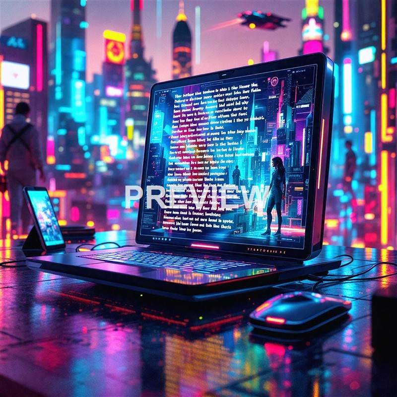 A futuristic scene of a laptop displaying a digital cityscape with neon lights and a woman walking, set against a vibrant city skyline with tall, illuminated skyscrapers and flying vehicles.